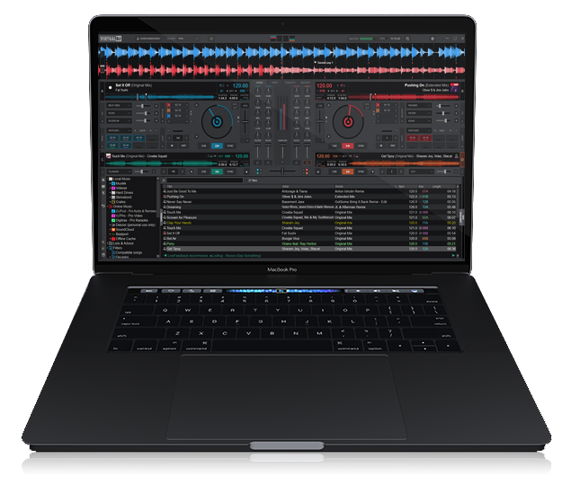 Laptop showing the two-deck VirtualDJ skin and waveforms